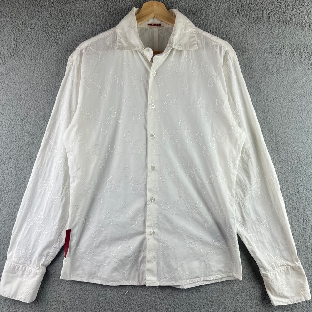 Prada White Embroidered Swirl Cotton Button Down Shirt Made in Italy Womens